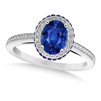 Oval Blue Sapphire Diamond Halo Engagement Ring 14k White Gold 2.00ct