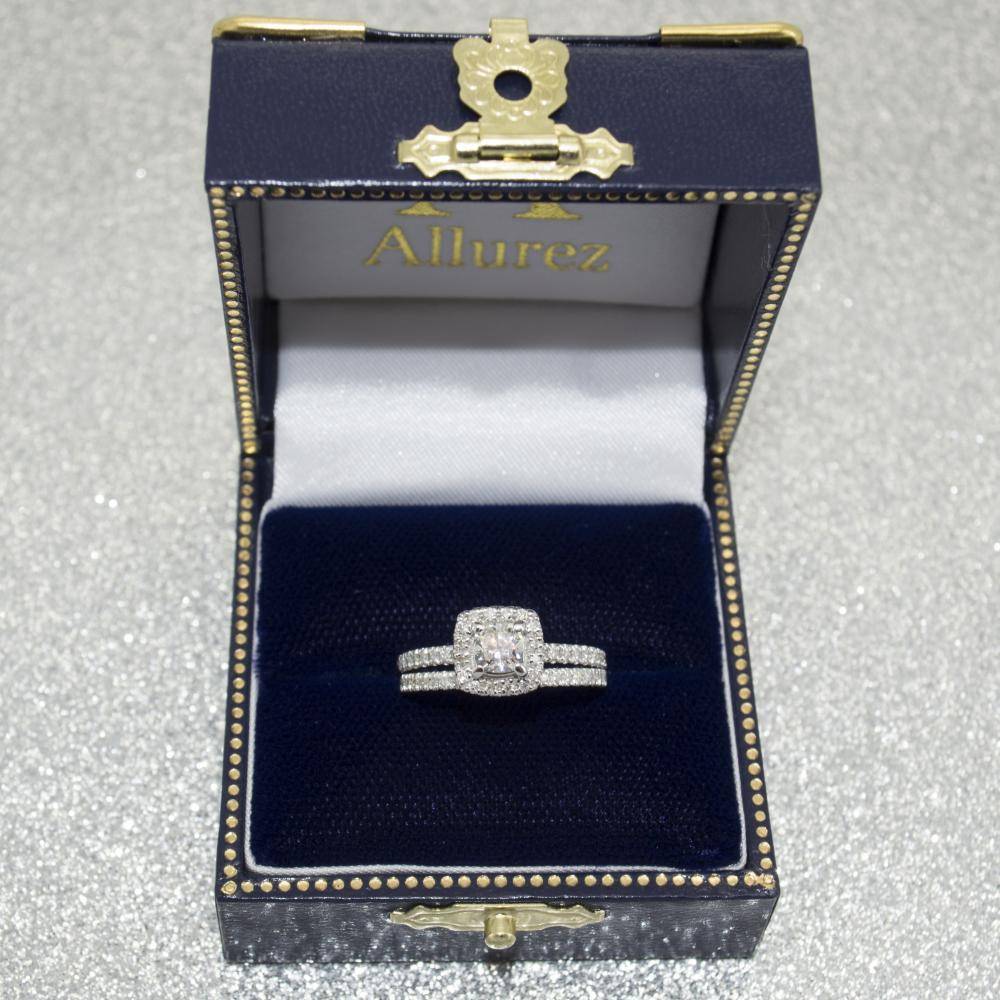 Cushion Diamond Halo Bridal Set French Pave 14k White Gold 0.84ct