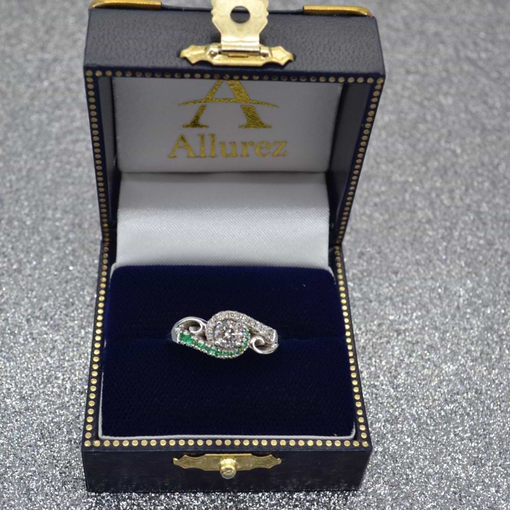 Swirl Bypass Halo Diamond Emerald Engagement Ring 14k White Gold 0.20ct