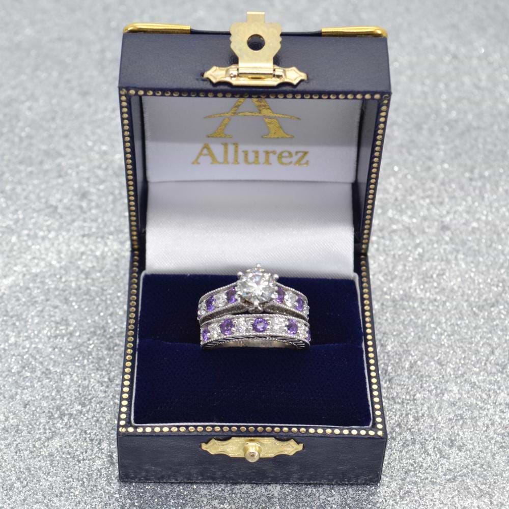Antique Diamond & Amethyst Bridal Wedding Ring Set 14k White Gold (2.75ct)