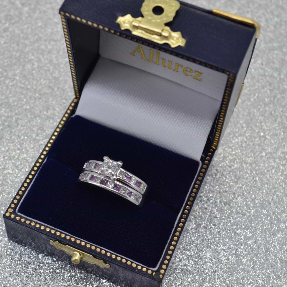 Channel Amethyst & Diamond Bridal Set 14k White Gold (1.30ct)