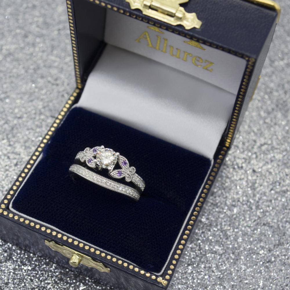 Butterfly Diamond & Amethyst Bridal Set 14k White Gold (0.42ct)
