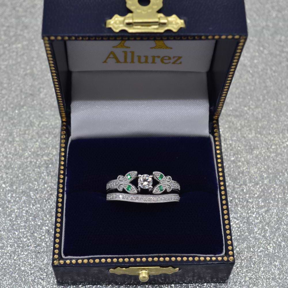 Butterfly Diamond & Emerald Bridal Set 14k White Gold (0.42ct)