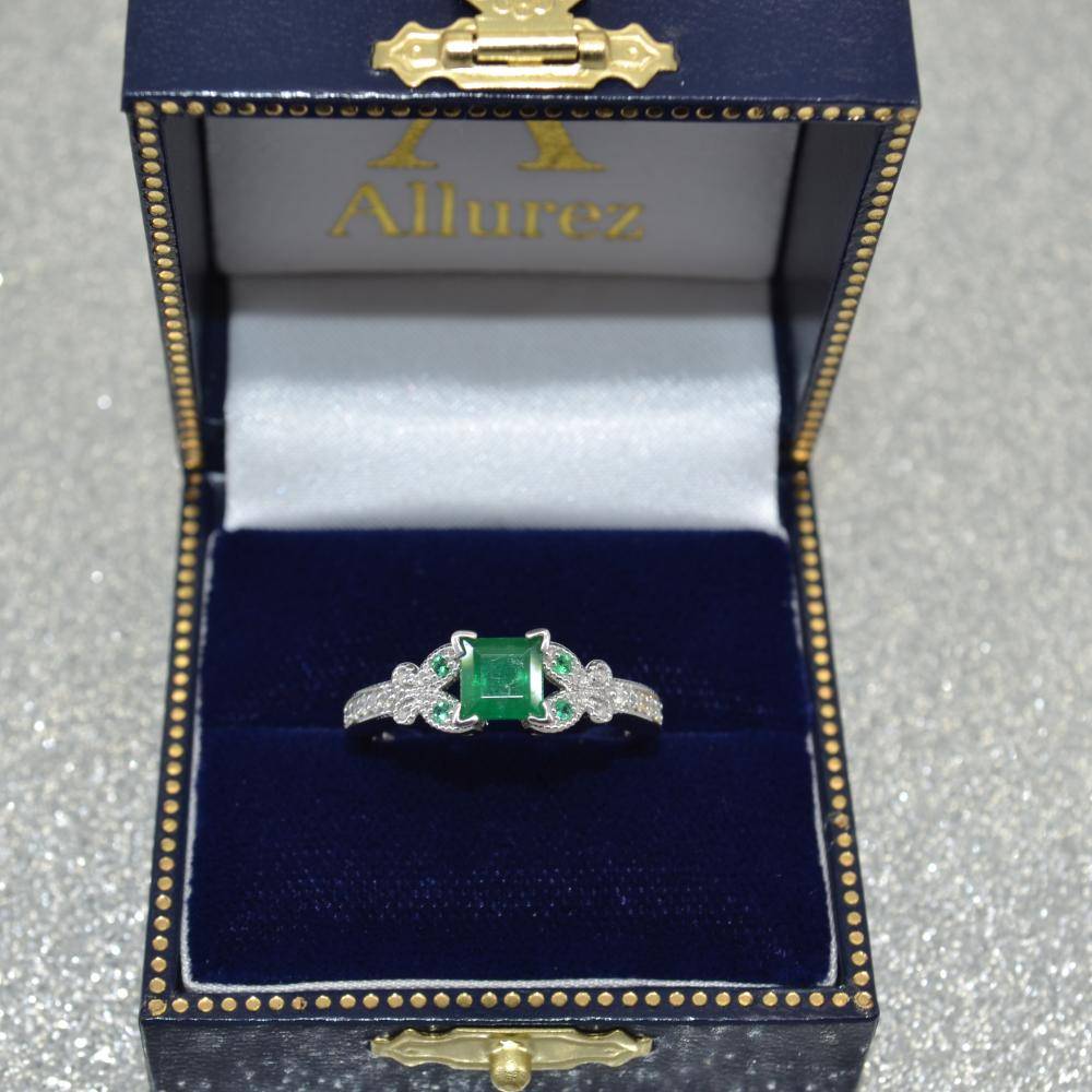 Butterfly Genuine Emerald & Diamond Princess Ring 14k W. Gold 1.31ct