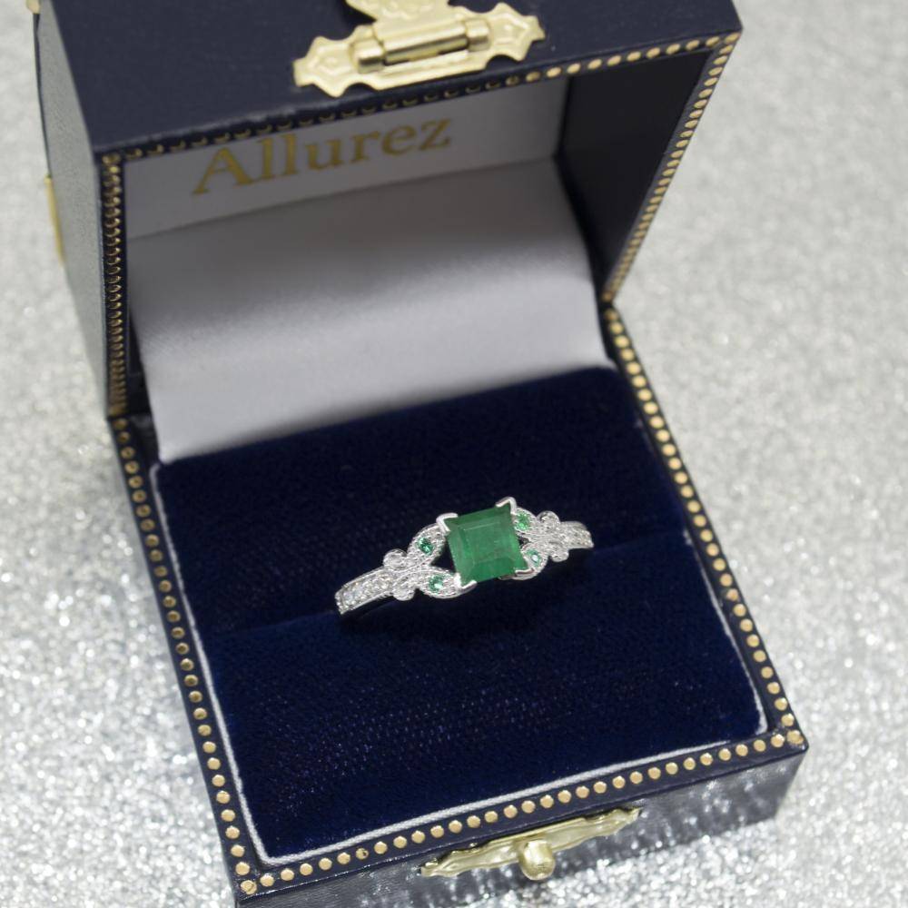 Butterfly Genuine Emerald & Diamond Princess Ring 14k W. Gold 1.31ct