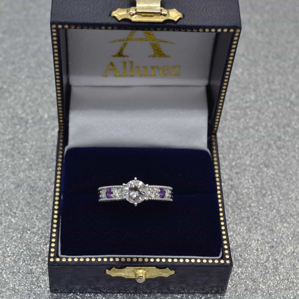 Antique Diamond & Amethyst Engagement Ring 14k White Gold (0.75ct)