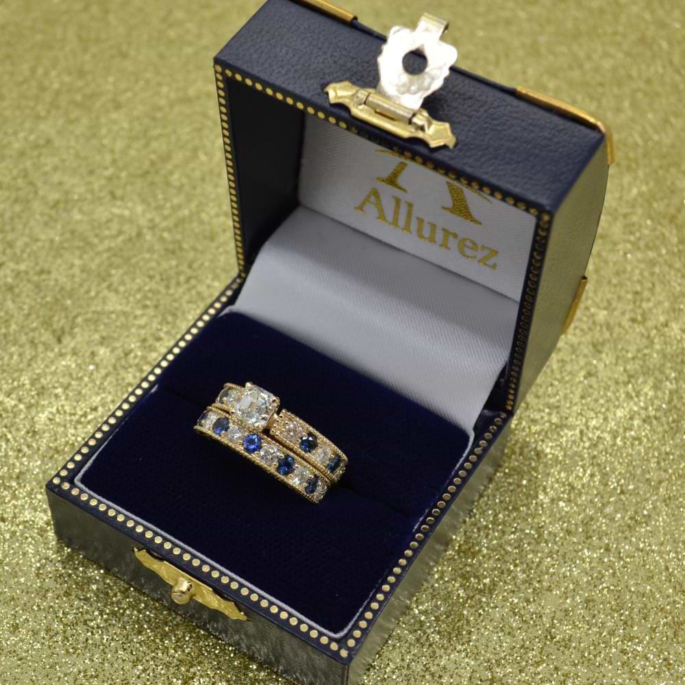 Antique Diamond & Blue Sapphire Bridal Set 14k Yellow Gold (1.80ct)