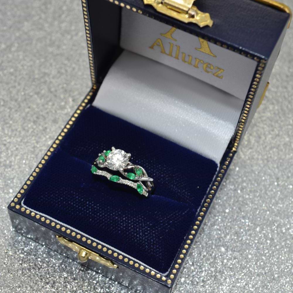 Marquise Emerald & Diamond Bridal Set Setting 14k White Gold (0.43ct)