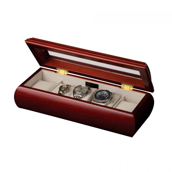5 Compartment Watch Box, Collectors Case Wood Cherry Finish, Glass Top