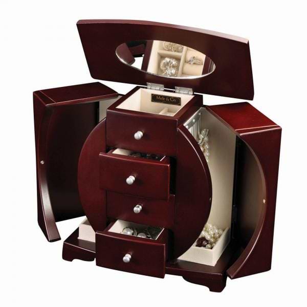 Wooden Upright Jewelry Box in Mahogany Finish, Oval Cut-Out Design