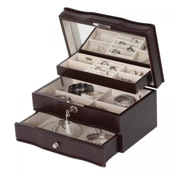 Locking Wooden Jewelry Box Mahogany Finish, Interior Mirror, Drawer