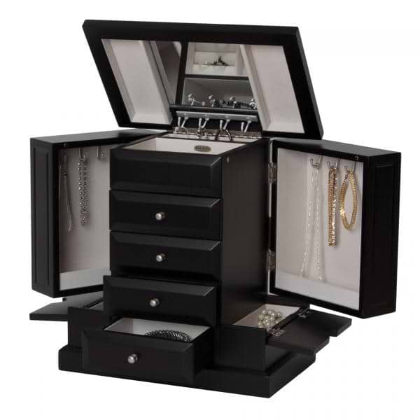 Upright Wooden Jewelry Box, Java Finish, Ring Rolls, Necklace Hooks