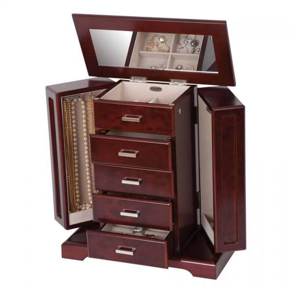 Ladies Wooden Jewelry Case, Mahogany Finish, Interior Mirror Jewel Box