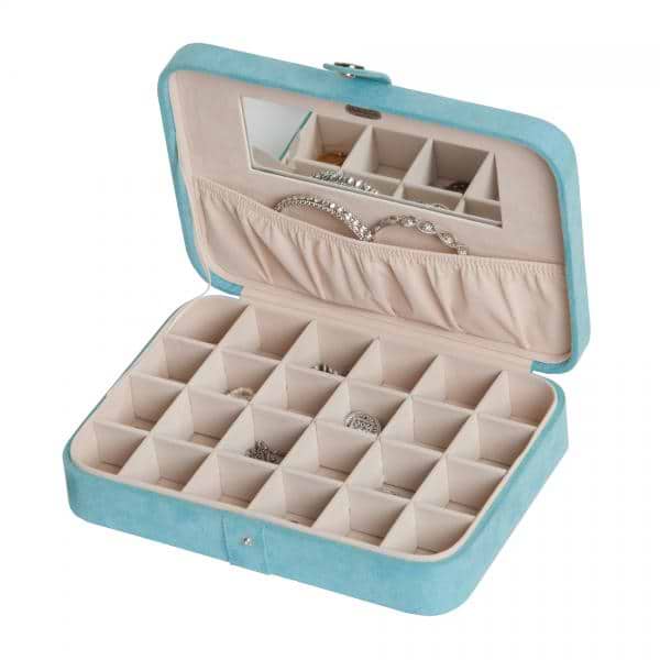 Aqua Jewelry Box & Ring Case, 24 Sections, Hand Lined, Home or Travel