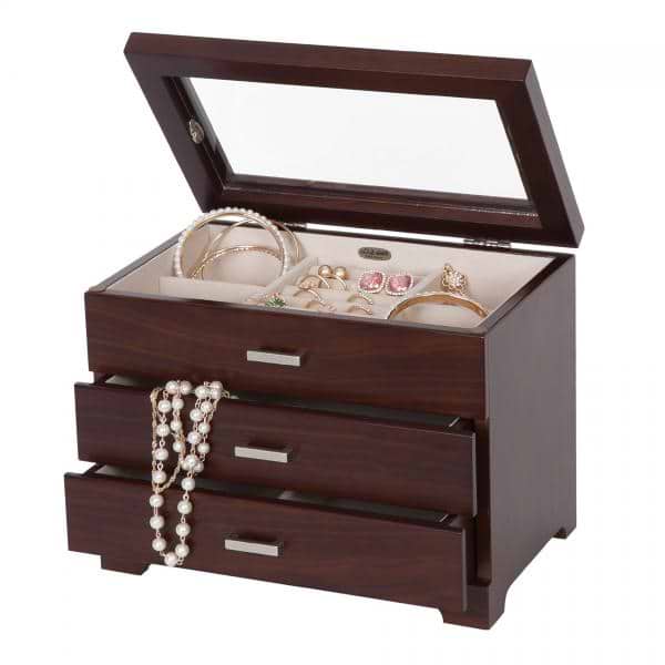 Women's Wooden Jewelry Box & Chest Sleek Design, Glass Top, 2 Drawers
