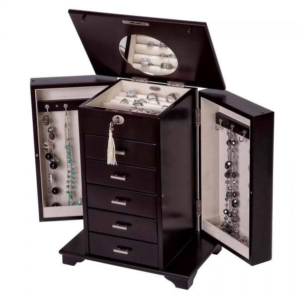 Java Finish Upright Wooden Jewelry Box Art Deco Design, Locking Top