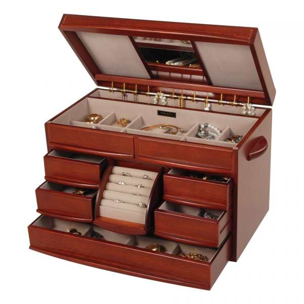 Walnut Finish Wooden Jewelry Box. Drawers, Ring Rolls, Necklace Hooks