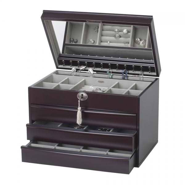 Wooden Java Finish Jewelry Box, Mirror, Drawers, Necklace Hooks, Lock