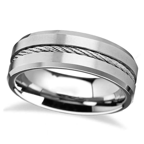 Steel Wire Cable Inlay & Beveled Edges Tungsten Wedding Band (8mm)