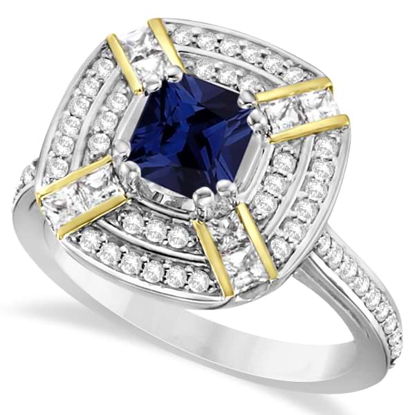 Diamond Blue Sapphire Double Halo Engagement Ring 14k Two Tone Gold (1.75ct)