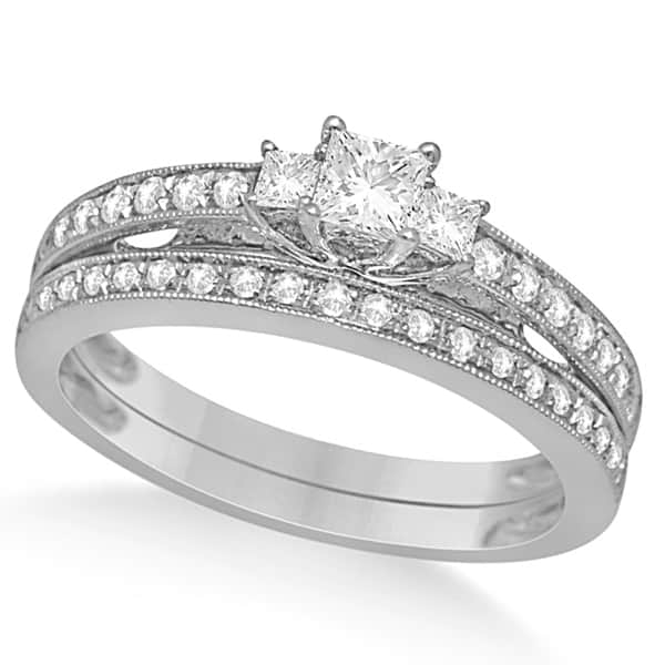 3 Stone Diamond Engagement Ring & Wedding Band 14K W. Gold 0.53ctw