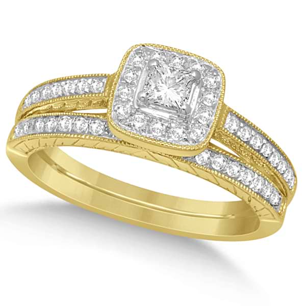 Diamond Bridal Set Square Halo Engagement Ring & Band 14K Y. Gold 0.53ct