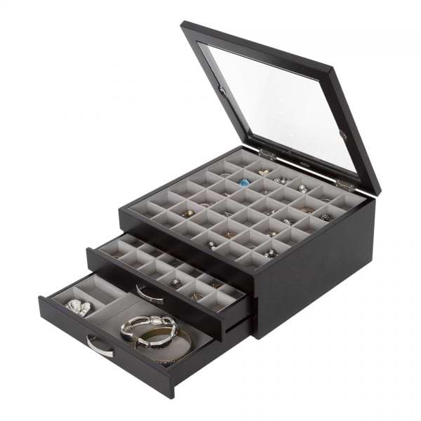 Jewelry Box, Organizer w/ Glass Top, Wooden Jewel Display & Storage