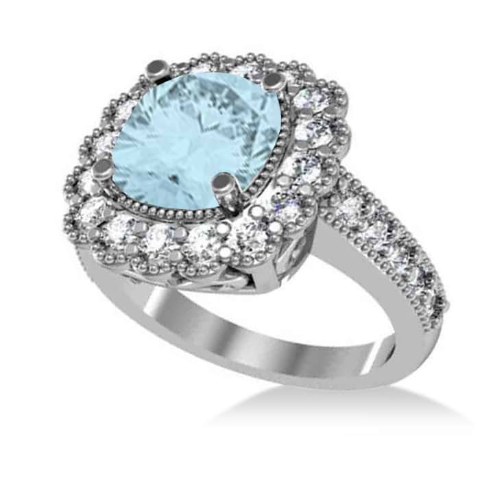 Aquamarine & Diamond Cushion Halo Engagement Ring 14k White Gold (2.71ct)