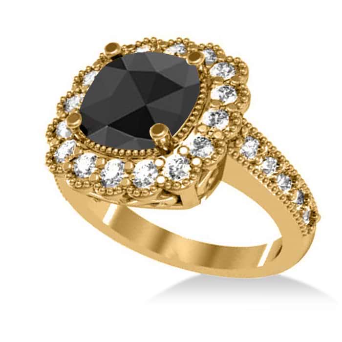 Black Diamond & Diamond Cushion Halo Engagement Ring 14k Yellow Gold (2.82ct)