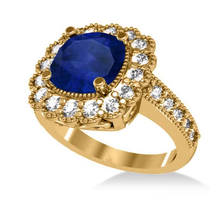 Blue Sapphire & Diamond Cushion Halo Engagement Ring 14k Yellow Gold (3.50ct)