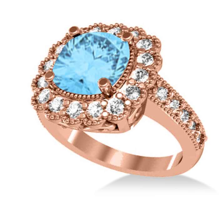 Blue Topaz & Diamond Cushion Halo Engagement Ring 14k Rose Gold (3.58ct)