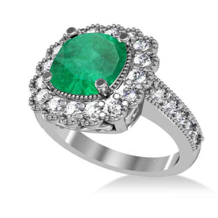 Emerald & Diamond Cushion Halo Engagement Ring 14k White Gold (2.60ct)