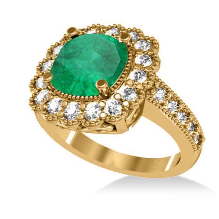 Emerald & Diamond Cushion Halo Engagement Ring 14k Yellow Gold (2.60ct)