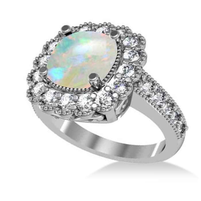 Opal & Diamond Cushion Halo Engagement Ring 14k White Gold (2.82ct)