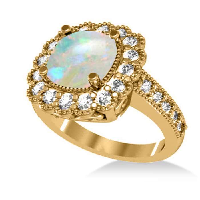 Opal & Diamond Cushion Halo Engagement Ring 14k Yellow Gold (2.82ct)