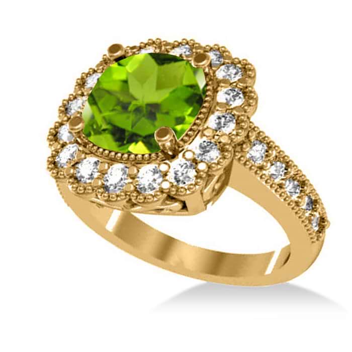 Peridot & Diamond Cushion Halo Engagement Ring 14k Yellow Gold (3.18ct)