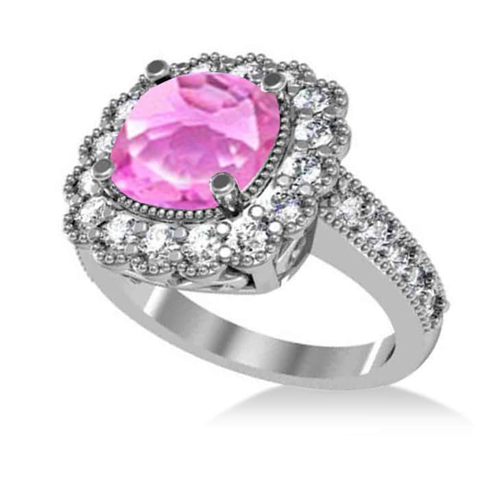 Pink Sapphire & Diamond Cushion Halo Engagement Ring 14k White Gold (3.50ct)