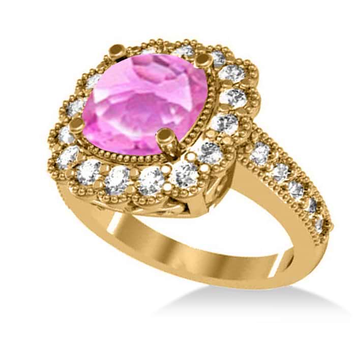 Pink Sapphire & Diamond Cushion Halo Engagement Ring 14k Yellow Gold (3.50ct)