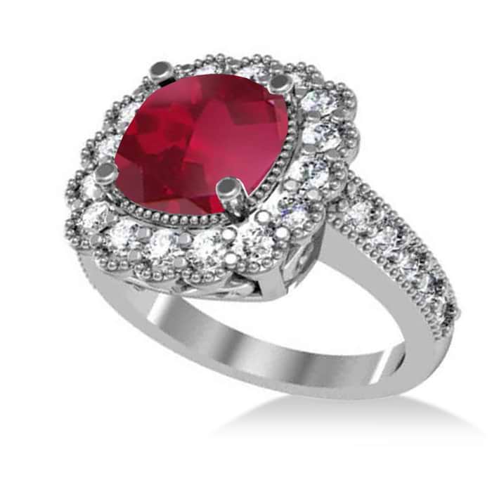 Ruby & Diamond Cushion Halo Engagement Ring 14k White Gold (3.50ct)