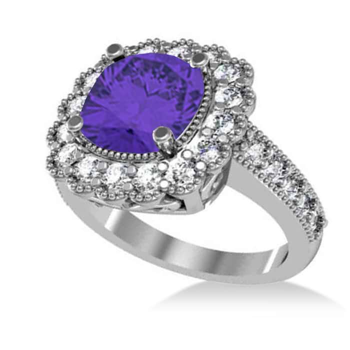 Tanzanite & Diamond Cushion Halo Engagement Ring 14k White Gold (3.21ct)
