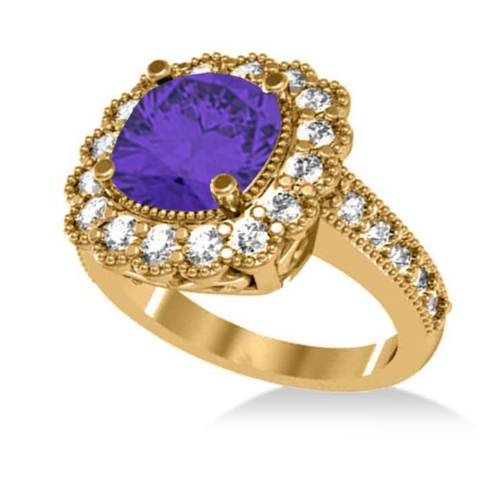 Tanzanite & Diamond Cushion Halo Engagement Ring 14k Yellow Gold (3.21ct)