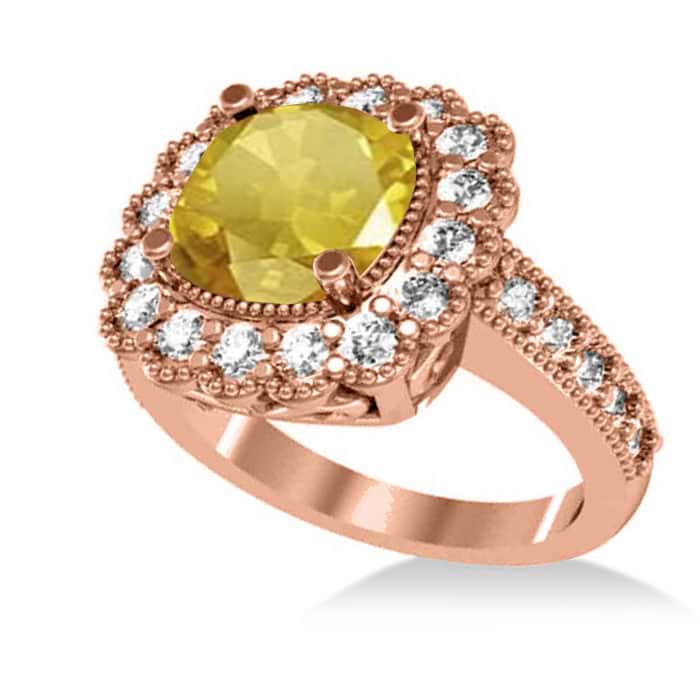 Yellow Sapphire & Diamond Cushion Halo Engagement Ring 14k Rose Gold (3.50ct)