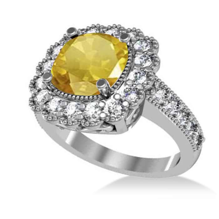 Yellow Sapphire & Diamond Cushion Halo Engagement Ring 14k White Gold (3.50ct)