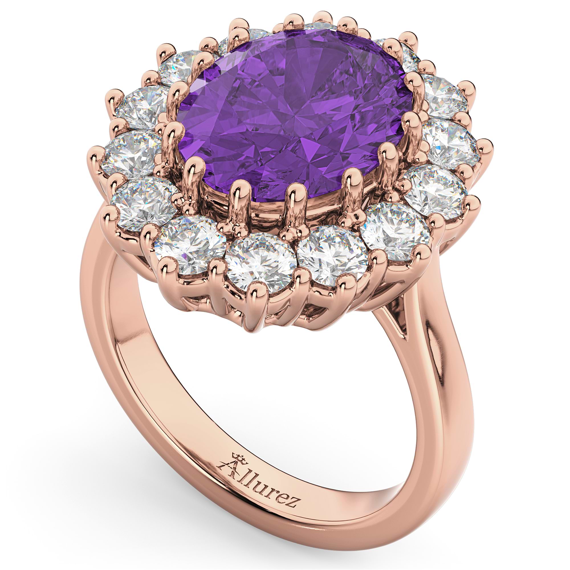 Oval Amethyst & Diamond Halo Lady Di Ring 14k Rose Gold (6.40ct)
