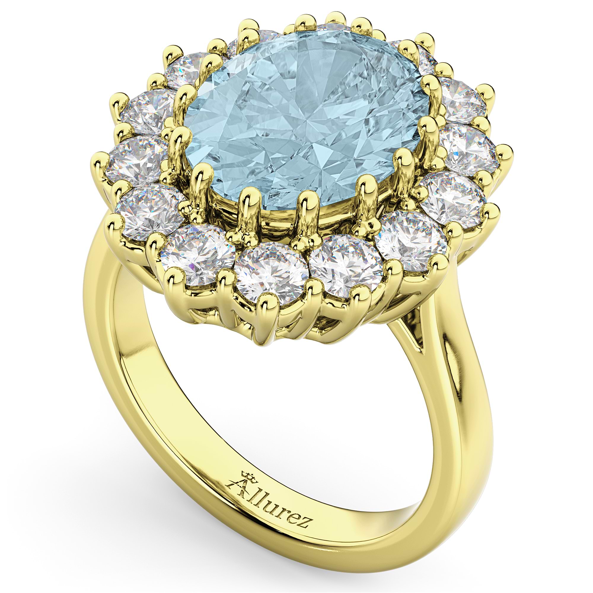 Oval Aquamarine & Diamond Halo Lady Di Ring 18k Yellow Gold (6.40ct)