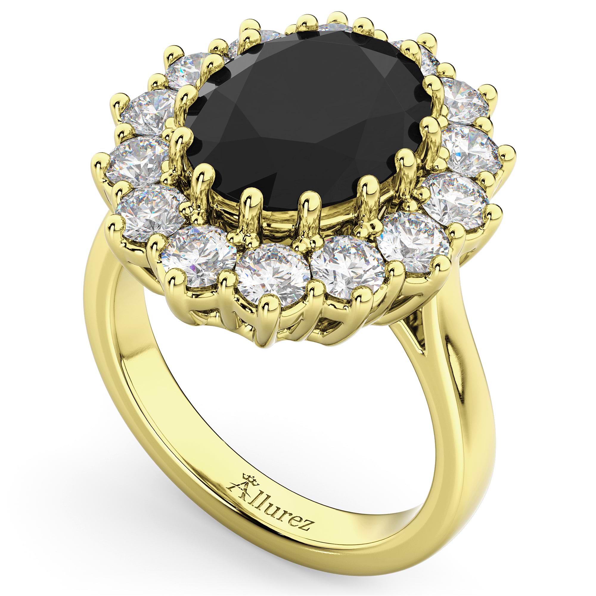 Oval Black Diamond & Diamond Halo Lady Di Ring 14k Yellow Gold (6.40ct)