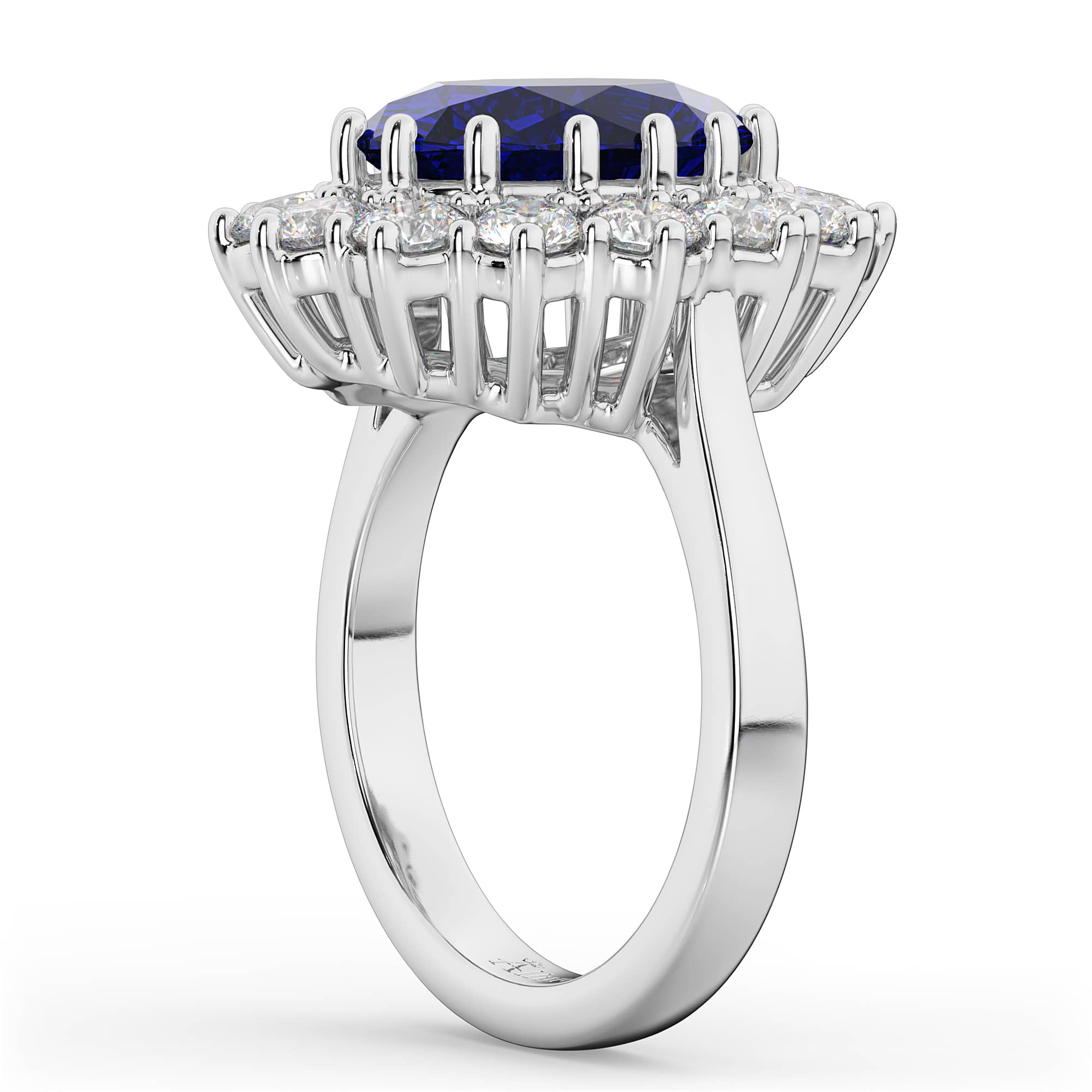 Oval Blue Sapphire & Diamond Halo Lady Di Ring 14k White Gold (6.40ct)