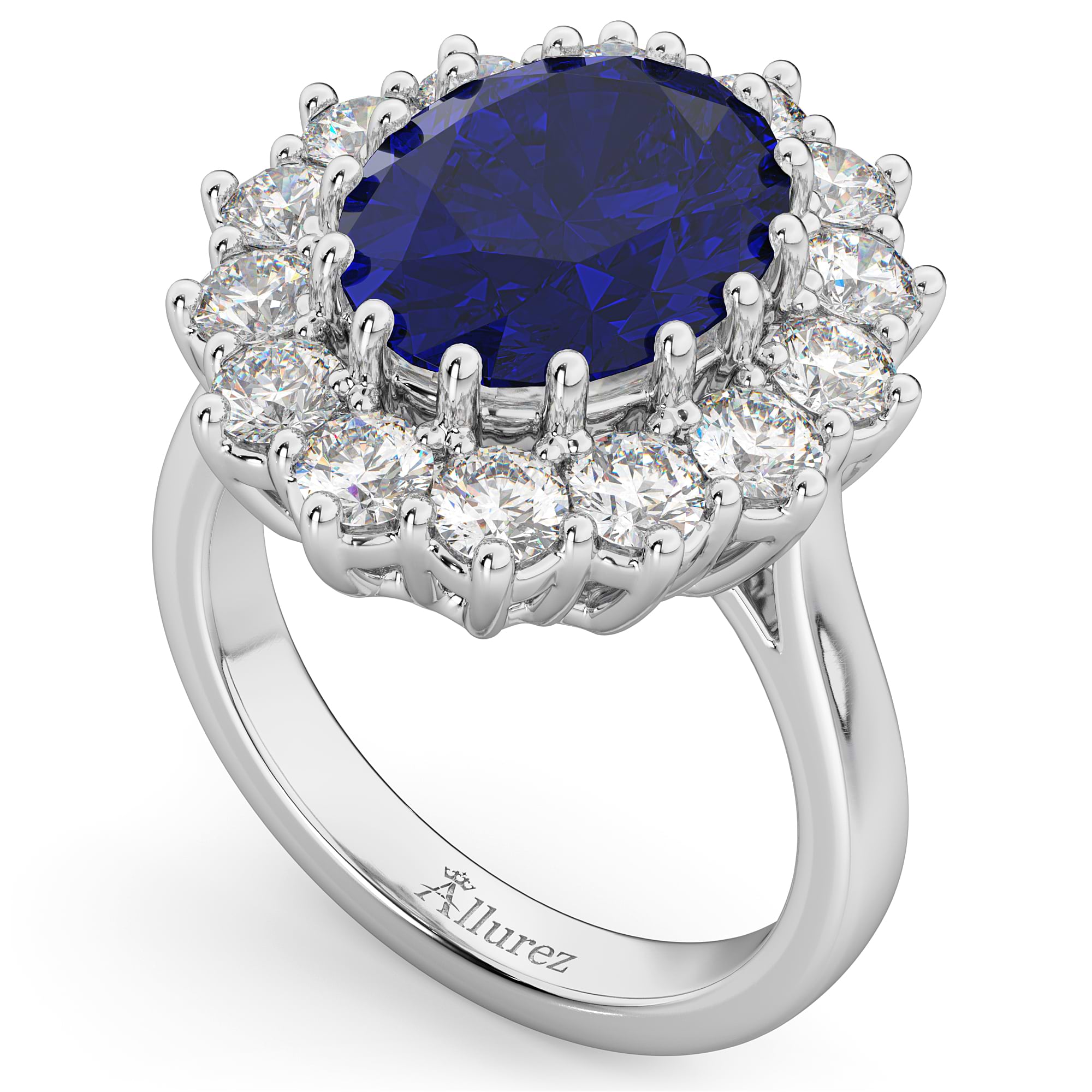 Oval Blue Sapphire & Diamond Halo Lady Di Ring 14k White Gold (6.40ct)
