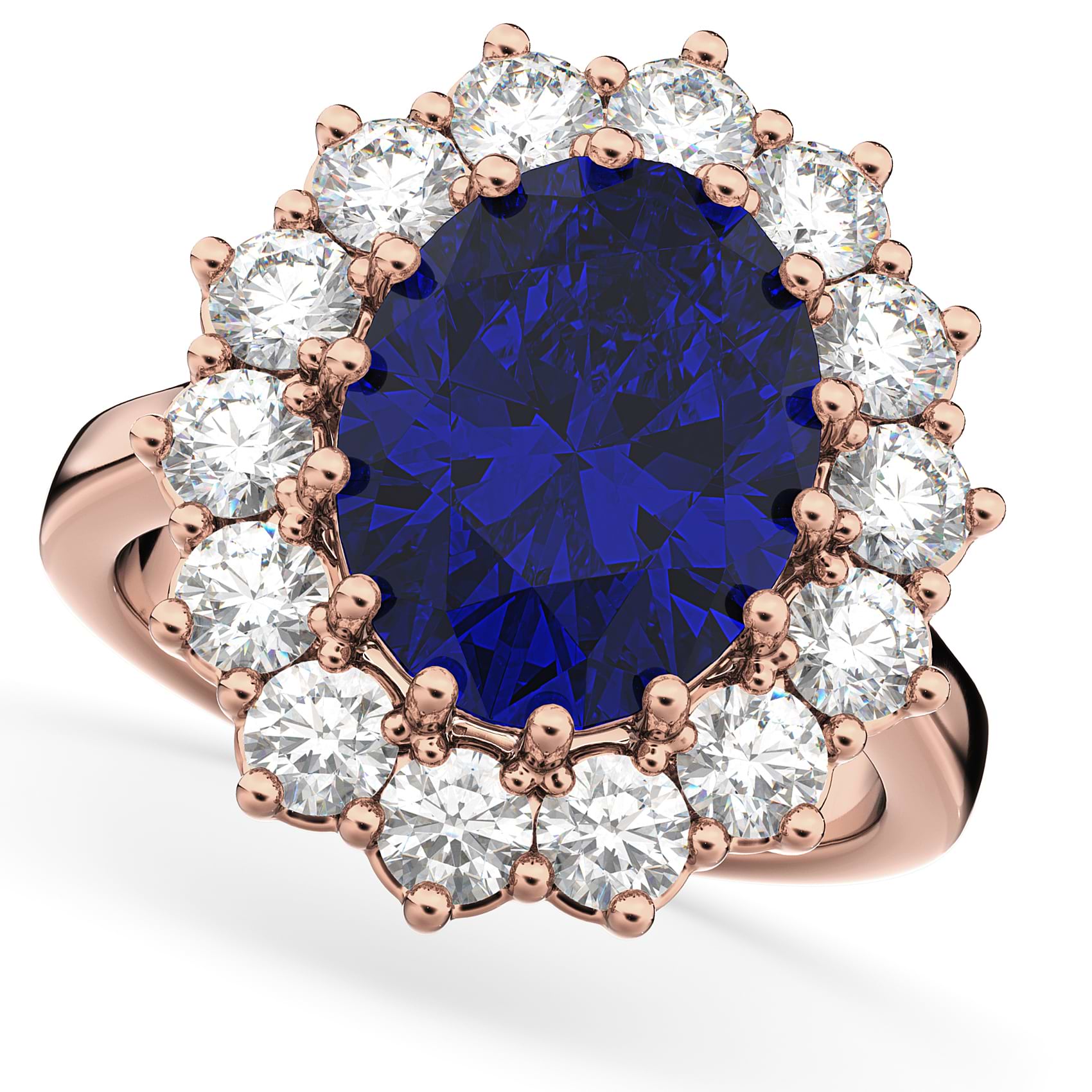 Oval Blue Sapphire & Diamond Halo Lady Di Ring 18k Rose Gold (6.40ct)