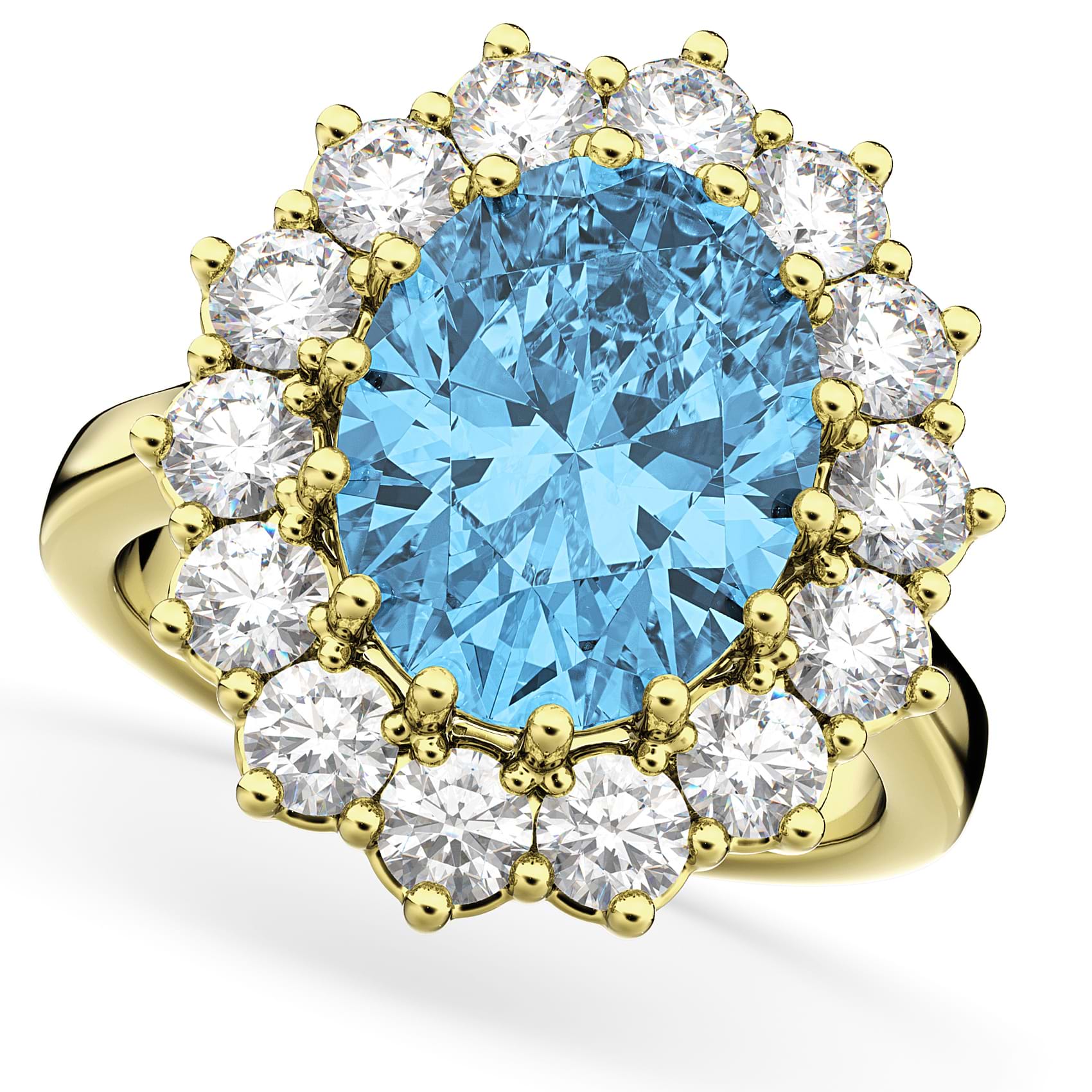 Oval Blue Topaz & Diamond Halo Lady Di Ring 14k Yellow Gold (6.40ct)